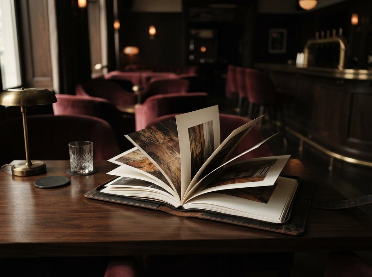Bild: Aufgeschlagenes Lederportfolio auf dunklem Holztisch mit fächerförmig ausgebreiteten bedruckten Portfolioseiten, die warmes Seitenlicht einfangen, umgeben von einer Messinglampe und einem Glas in eleganter Lounge-Atmosphäre.