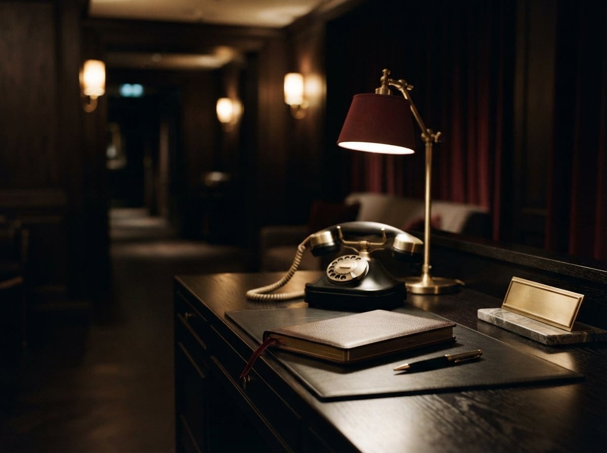 Bild: Ein mit warmem Licht ausgeleuchteter Empfangstisch mit schwarzem Wählscheibentelefon, einer roten Leselampe mit Messingarm, offenen Notizbüchern und einem Stift in gedimmter, eleganter Hotellobby-Atmosphäre.
