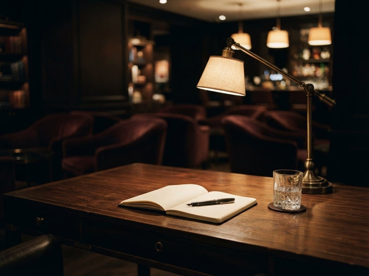 Bild: Eleganter Holzschreibtisch mit offenem Notizbuch, Füllfeder und Wasserglas unter warmer Messinglampe in luxuriöser Bürolounge bei Nacht.