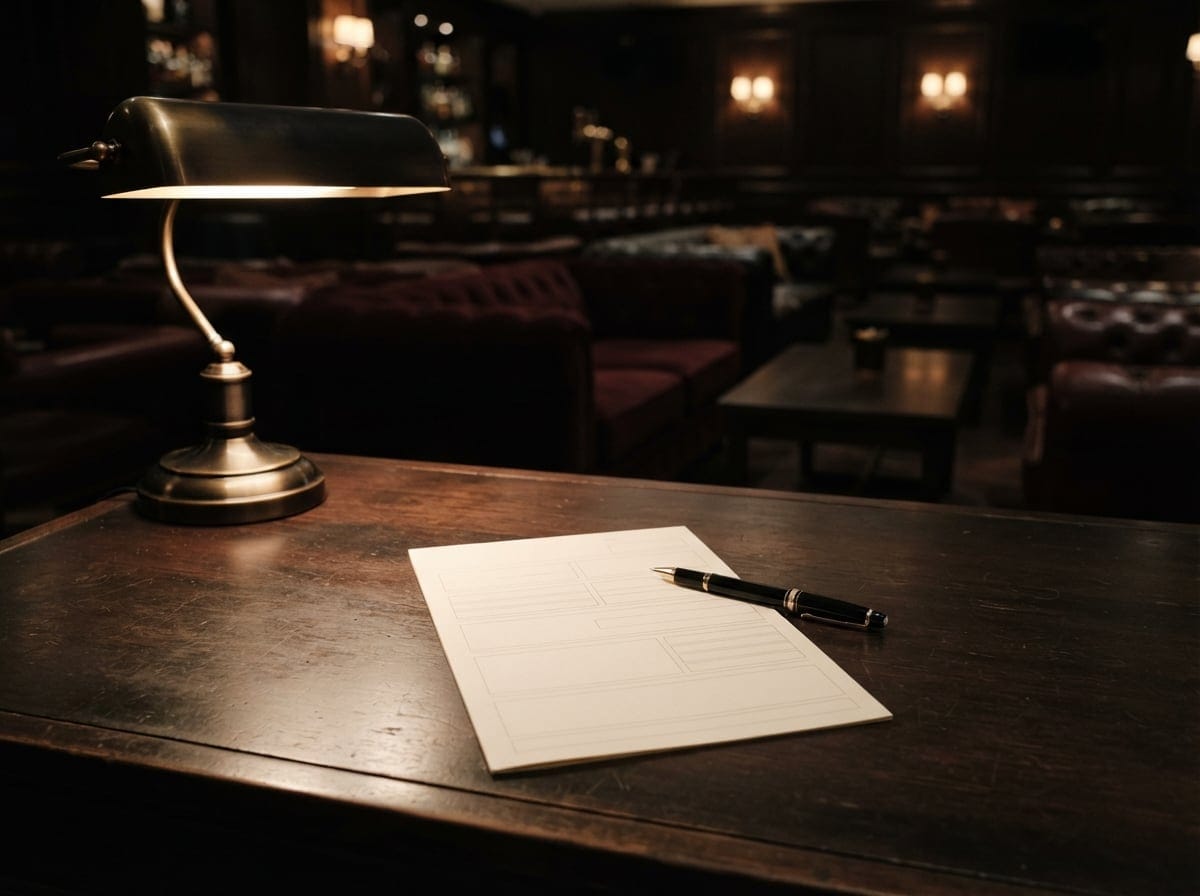 Bild: Ausgefülltes Anfrageformular auf Schreibtisch mit Stift und warmer Schreibtischlampe