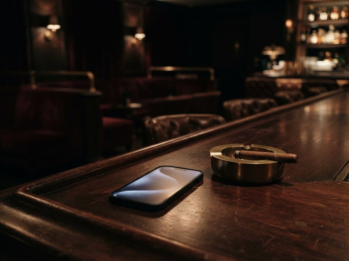 Bild: Ein leuchtender Smartphone-Bildschirm auf dunklem Holz mit einer kleinen Messingschale daneben.