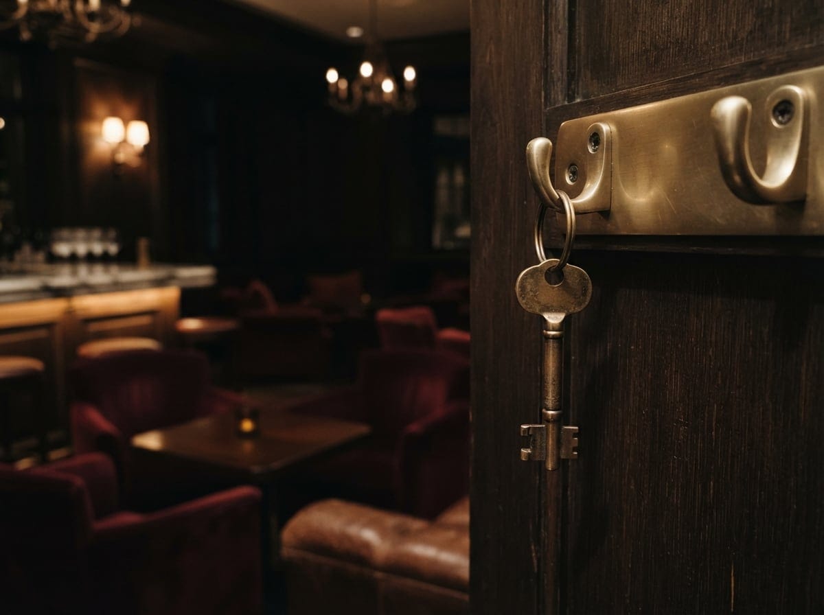 Bild: Nahaufnahme eines Messingschlüssels in einem Wandhalter an einer dunklen Holztür, dahinter unscharfe Hotellobby mit warmem Licht und Ledersesseln.