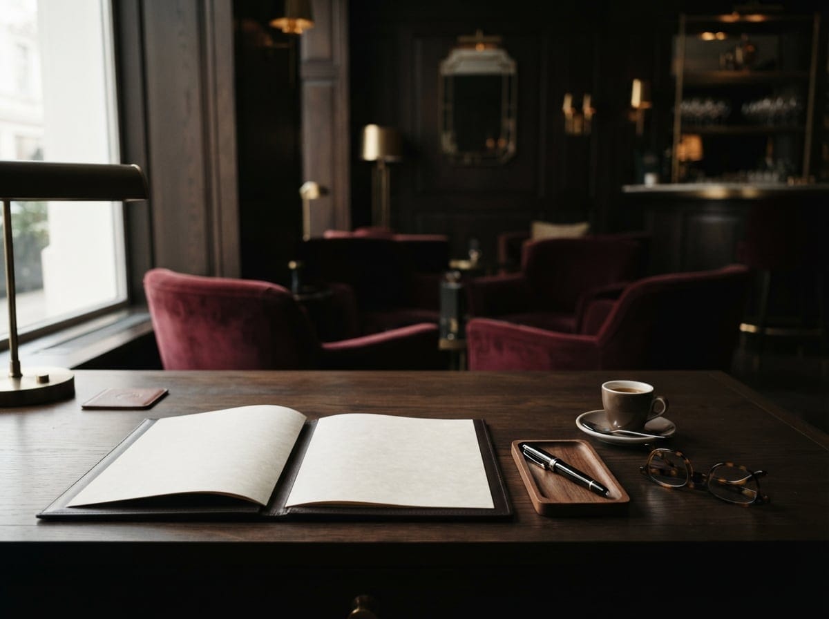 Bild: Offenes Notizbuch auf dunklem Holztisch mit Stift auf Holzablage, Kaffeetasse auf Untersetzer, Lesebrille daneben, warmes Seitenlicht, unscharfe Lounge im Hintergrund.