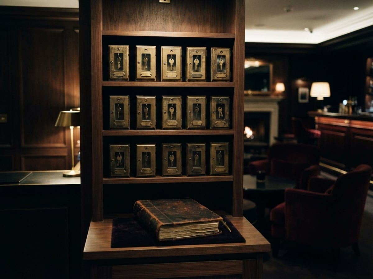 Bild: Dunkles Holzregal mit bronzefarbenen Schlüsselkästen in drei Reihen und einem antiken Lederbuch auf Sockel, warmes Licht in eleganter Hotellobby.