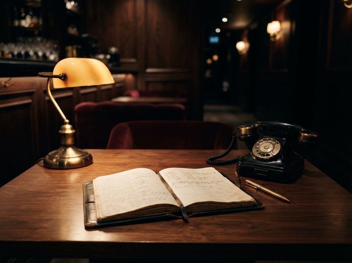 Bild: Aufgeschlagenes Notizbuch mit handschriftlichen Einträgen auf dunklem Holztisch, daneben Messingschreibtischleuchte, schwarzes Wähltelefon und Kugelschreiber unter warmem Lampenlicht.